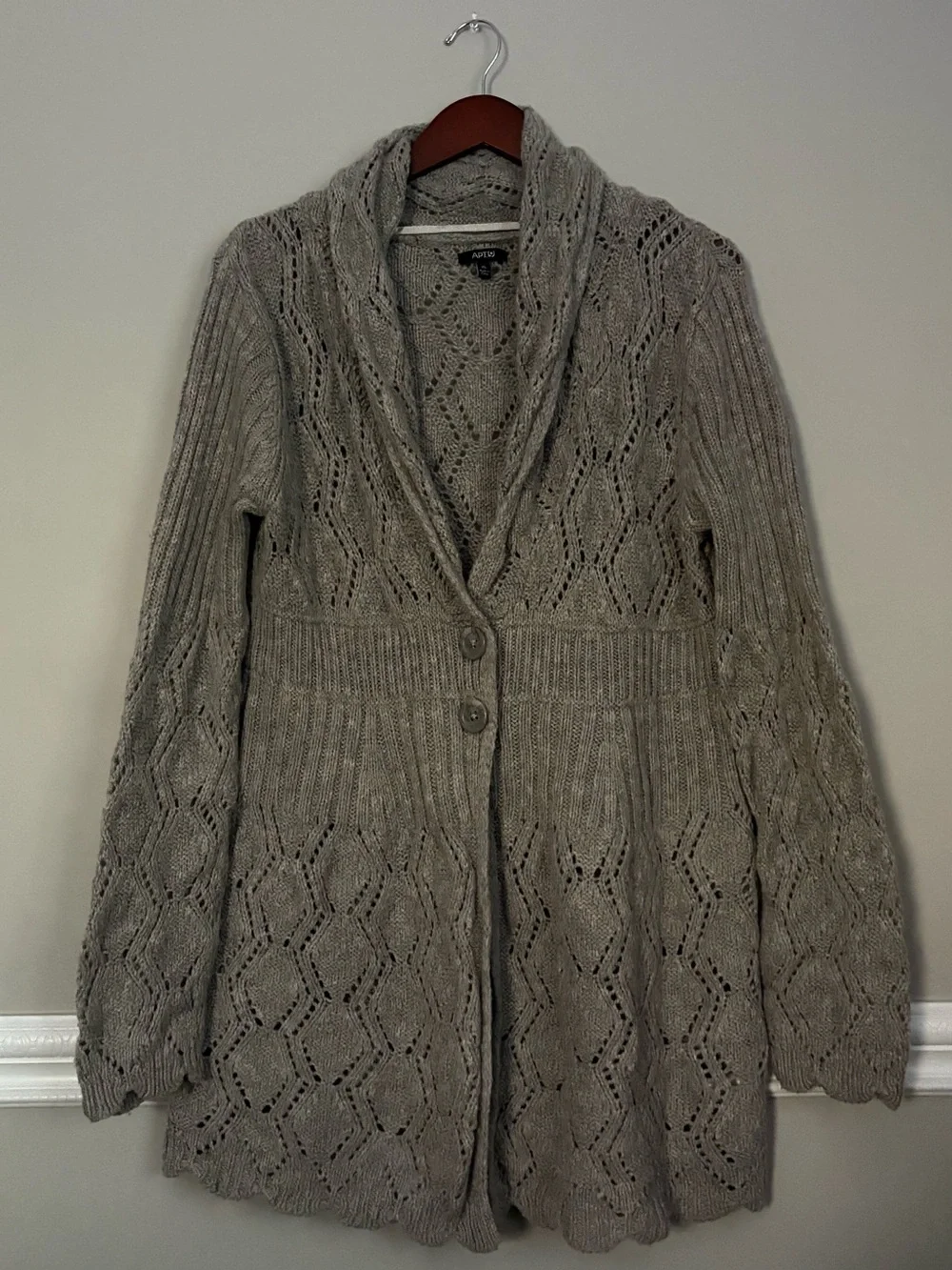Apt. 9 Gray Open Knit Shawl Collar Long Cardigan Sweater XL Boho